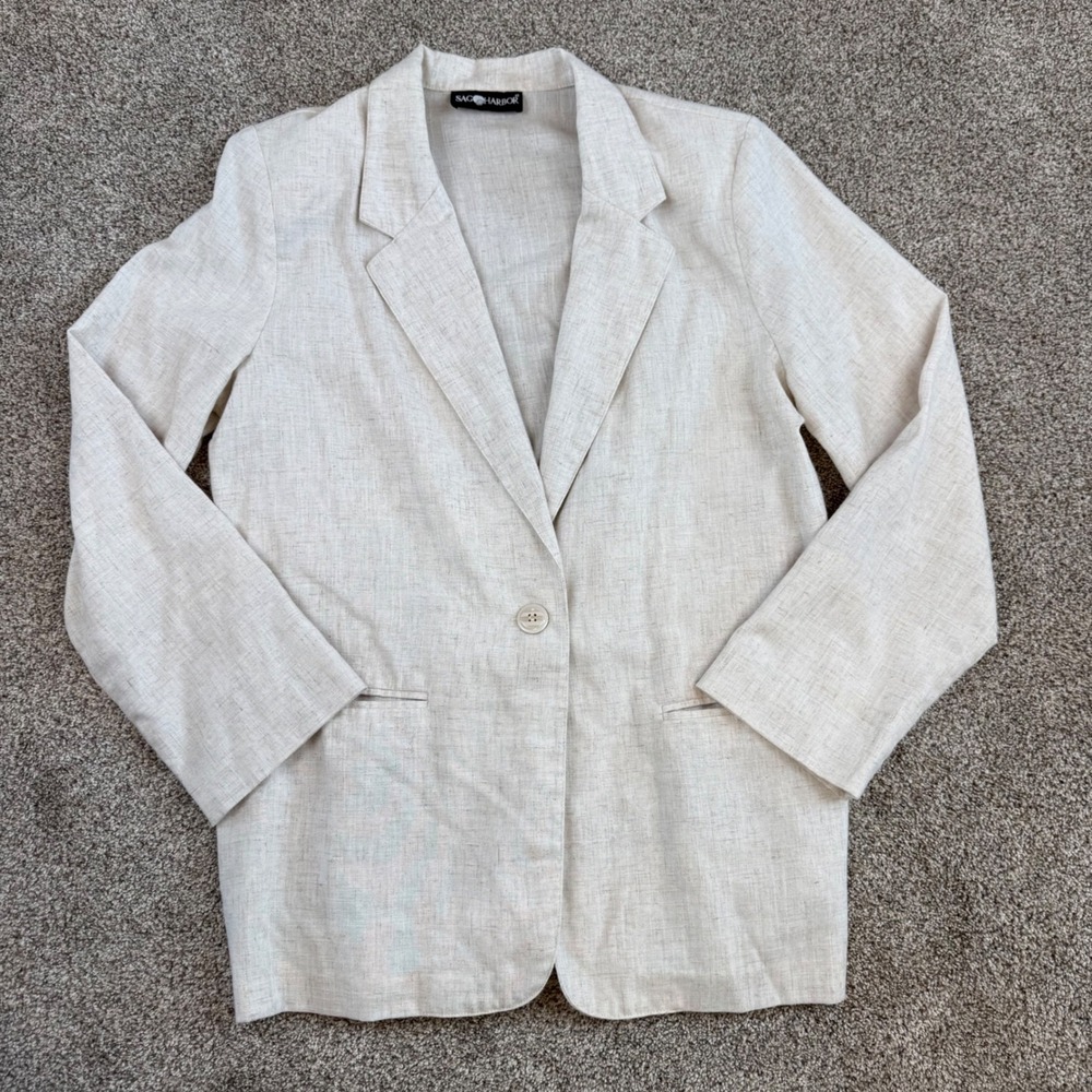 Sag Harbor Beige Linen Blend Single Button Blazer Jacket Oatmeal Tan Womens